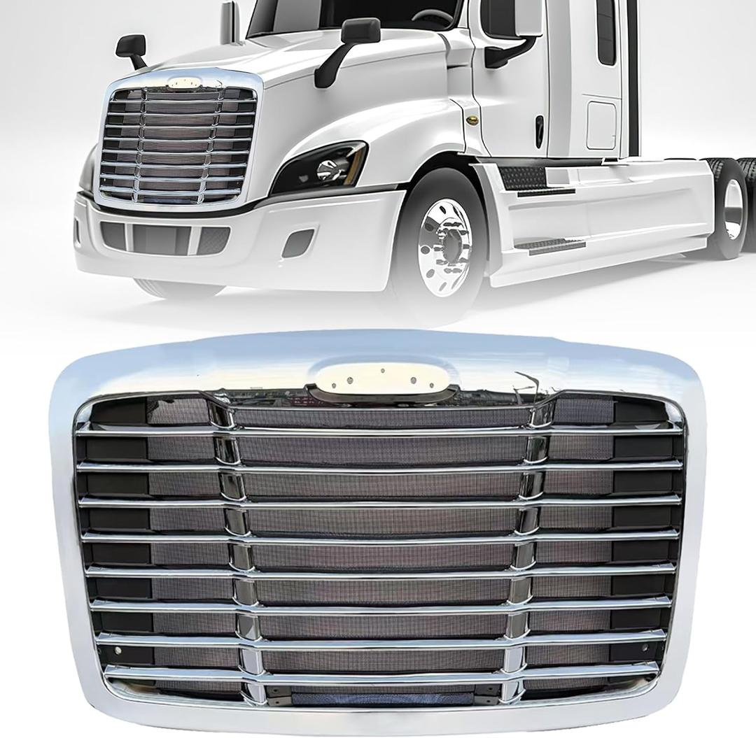 Front Grill Grille with Bug Screen Compatible with 2008-2017 Freightliner Cascadia, Front Bumper Radiator Grille Screen Painted Chrome
