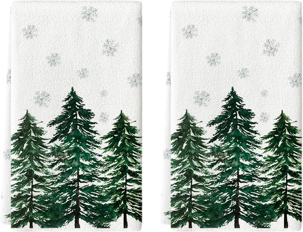Artoid Mode Green Xmas Tree Christmas Kitchen Towels Dish Towels, 18x26 Inch Farmhouse Snowflakes Winter Decoration Cleaning Set of 2
