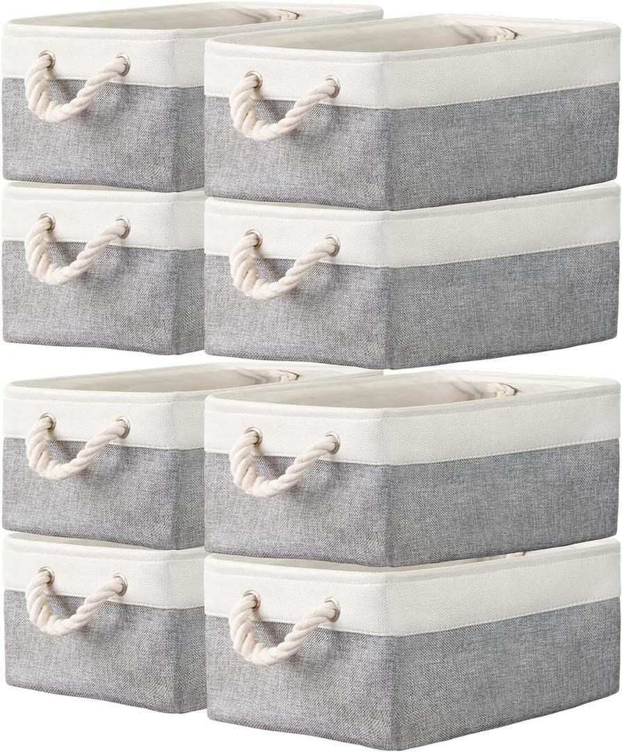 Storage Basket Bins 8 Pack Storage Baskets for Shelves - Decorative Baskets Fabric Storage Cubes Containers W/Handles for Clothes Storage Books, Home, Garage, Office, Bedroom, Parlor, Car (Grey/White)