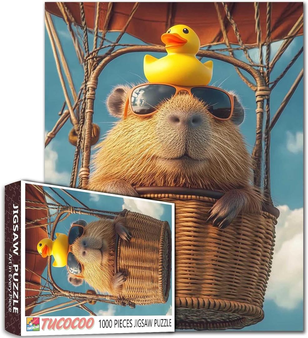 Sunglasses Animal Capybara Jigsaw Puzzles for Adults 1000 Pieces, Sky Hot Air Balloon Art Puzzles for Challenging Family Activity Games Colorful DIY Crafts Puzzle for Home Decoration Gifts