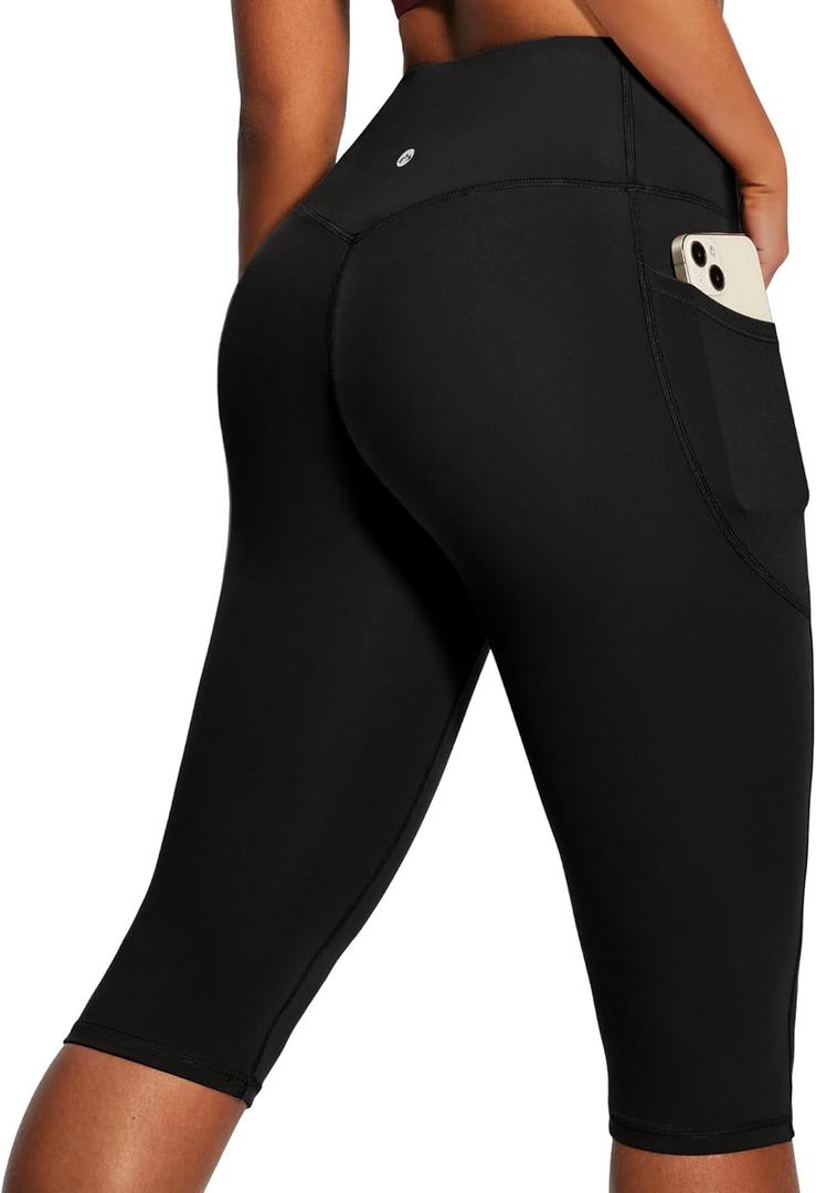 Heathyoga Capri Leggings with Pockets for Women Tummy Control Knee Length Leggings Yoga Pants Women Capri Pants Workout (Black, XL)