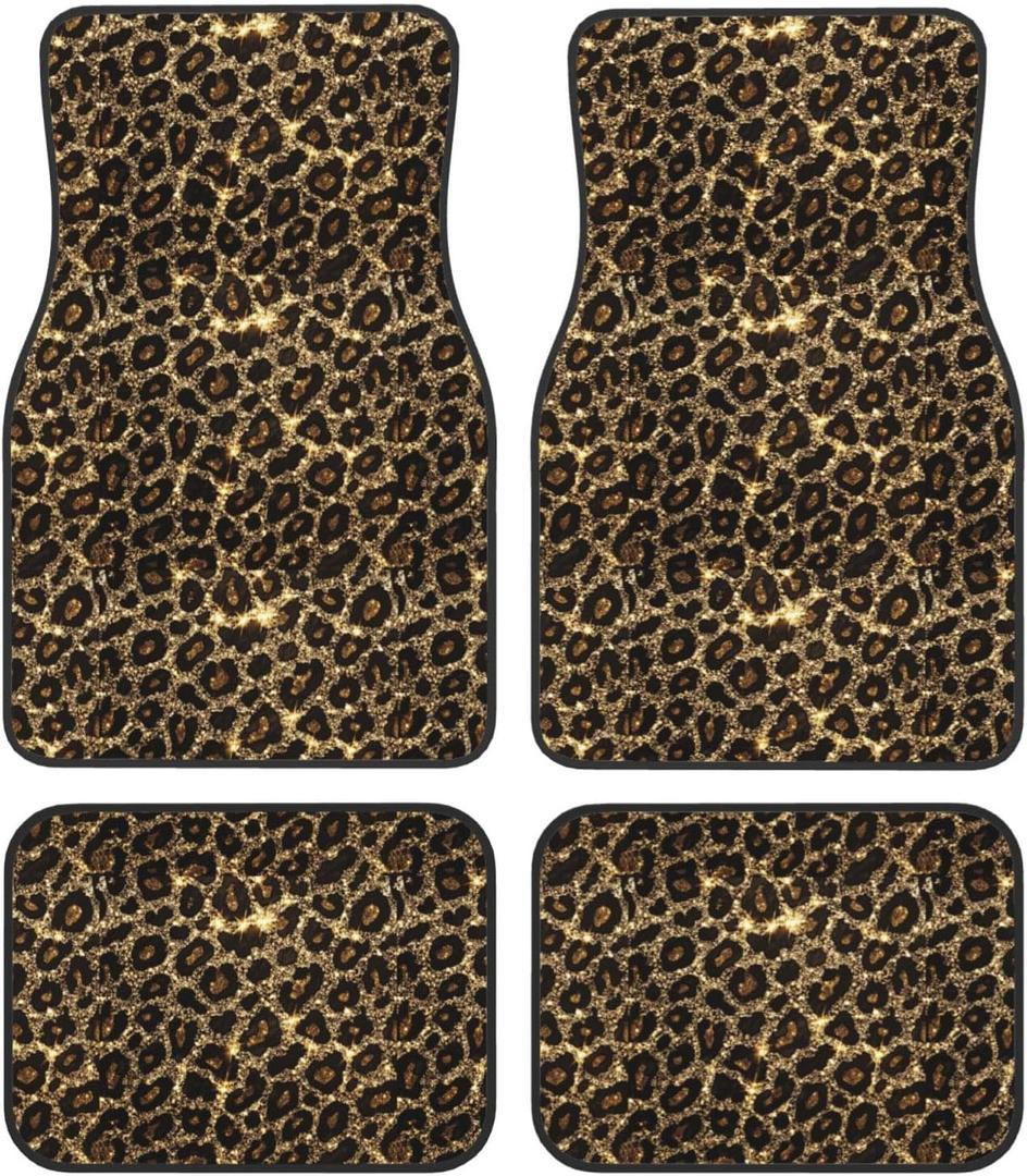 Generic Car Foot Mat Sparkling Leopard Non-Slip Carpet Mats for Cars & Trucks,Decorative Front & Rear Vehicle Foot Rugs,4-Piece Car Floor Mat Set