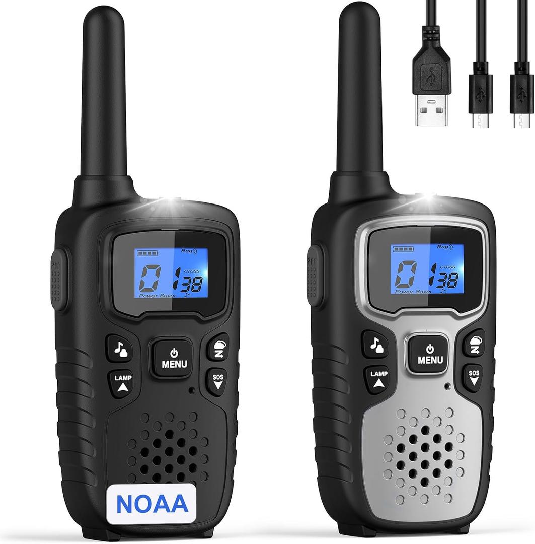 Wishouse Walkie Talkies for Kids Adults - Long Range Rechargeable 2 Way Radios,Gift,Hiking Accessories Camping Gear with Lamp,SOS Siren,NOAA Weather Alert,VOX,Easy to Use 2 Pack, Silver Black