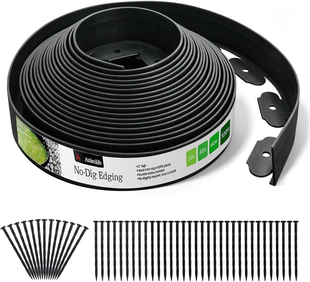 A ANLEOLIFE 60FT Plastic Landscape Edging, 2" Tall No-Dig Black Garden Border with 72 Spikes, Heavy-Duty Flexible Lawn Coil, Grass Barrier & Easy Install