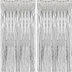 2 Pack Silver Foil Curtain Party Streamers Metallic Tinsel Foil Fringe Photo Booth Backdrop for Birthday Wedding Engagement Baby Shower Bachelorette Christmas Holiday Celebration Party Decorations