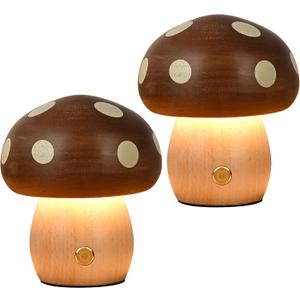 LONRISWAY 2Pack Wood Small Mushroom Table Lamp, LED Rechargeable Cordless Touch Bedside Lamps, Wireless Stepless Dimming Night Light, Portable Battery Lamp for Bedroom Nightstand for Birthday Gifts