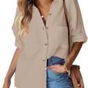 HOTOUCH Womens Linen Button Down Shirt Casual Long Sleeve Cotton Blouse Loose Fit Collared Work Gauze Tops with Pocket M