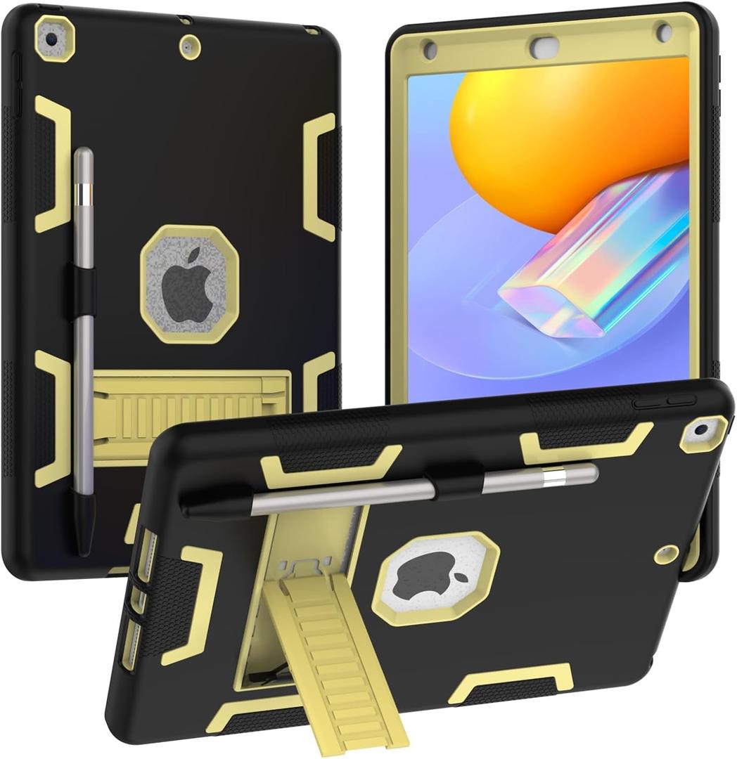Case for iPad 9th/8th/7th Generation 2021/2020/2019 with Pencil Holder, Slim Heavy Duty Shockproof Rugged High Impact Protective Case for iPad 10.2 Inch (Black+Gold)