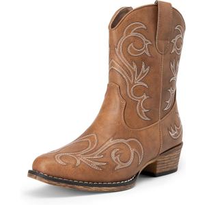 DREAM PAIRS Women's Cowboy Cowgirl Western Boots Embroidered Stitched Ankle Boots Square Toe Chunky Heel Fashion Short Booties with Zipper, Size 8