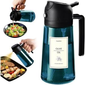 TrendPlain 16oz/470ml Blue Glass Olive Oil Sprayer for Cooking - 2 in 1 Olive Oil Dispenser for Kitchen Gadgets, Air Fryer, Salad, and BBQ - Black