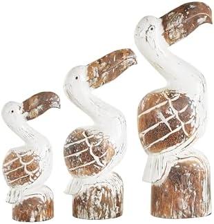 Deco 79 Wood Pelican Handmade Decorative Sculpture Distressed Home Decor Statues with Brown Accents, Set of 3 Accent Figurines 20", 16", 12"H, White