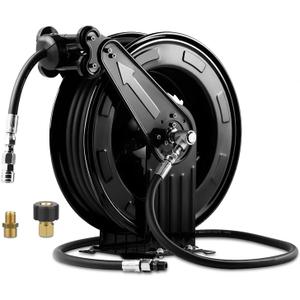Double Arm 50FT x 3/8" Retractable Pressure Washer Hose Reel, Heavy Duty Steel Professional Power Wash Hose Reel with 5 ft Lead for Air/Oil/Water, 4000 PSI