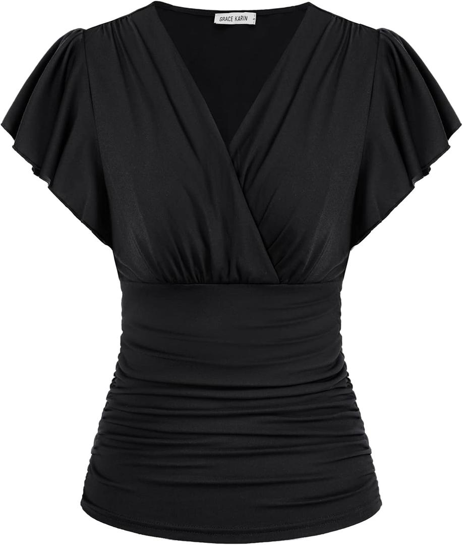 GRACE KARIN 2025 Womens Tops Summer Wrap Blouse V Neck Ruffle Sleeve Dressy Casual Top Ruched Trendy Clothes (Small, Black)