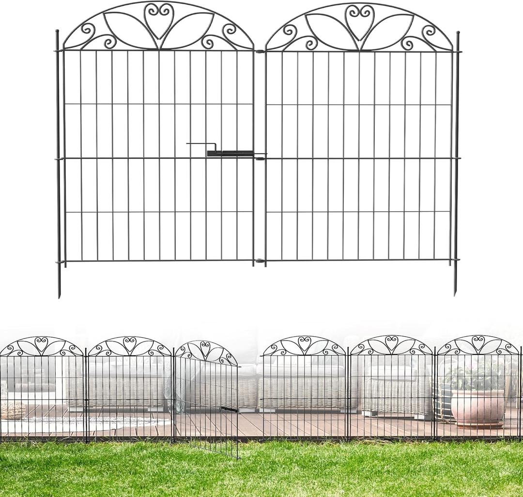 5 Panels No Dig Decorative Outdoor Garden Fence with Gate, 40 in(H) X 11.8 ft(L) Animal Barrier Fencing, Rustproof Portable Fence, Temporary Dog Fence Outdoor for Yard, Outside, Backyard