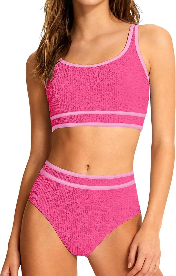 Girls Swimsuit Two Piece High Waisted Athletic Swim Suits Fashion Piping Girls Bikini Bathing Suit Set 9-16 Years (Pink, S)