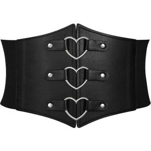 Women Corset Belt Metal O-Ring Heart-Ring Wide Elastic Waspie Waist Belt for Daily Cosplay Halloween Costumes (44" fit waist: 43"-49")