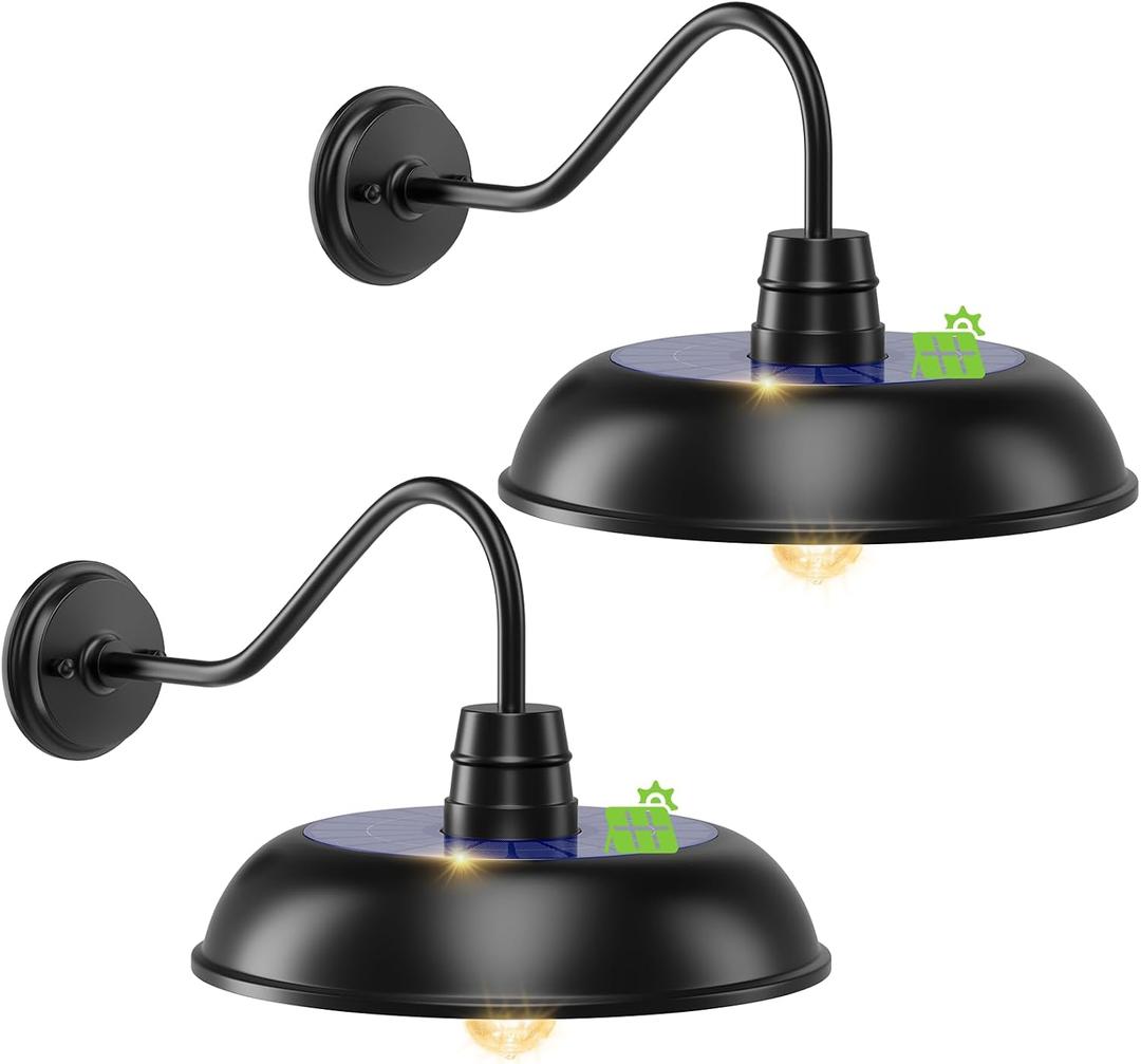 14" Large Solar Barn Lights for Outside, Dusk to Dawn Gooseneck Barn Light Outdoor, 6000mAh Black Outside Wall Mount Light, Waterproof Farmhouse Outdoor Wall Sconces for Porch Garage Shed, 2-Pack