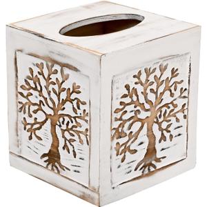 SwallowLiving Wooden Tissue Box Cover Square - Weighted Farmhouse Facial Tissue Holder with Sliding Bottom - Distressed White Tree of Life Dispenser for Bathroom Vanity, Bedroom & Living Room Decor