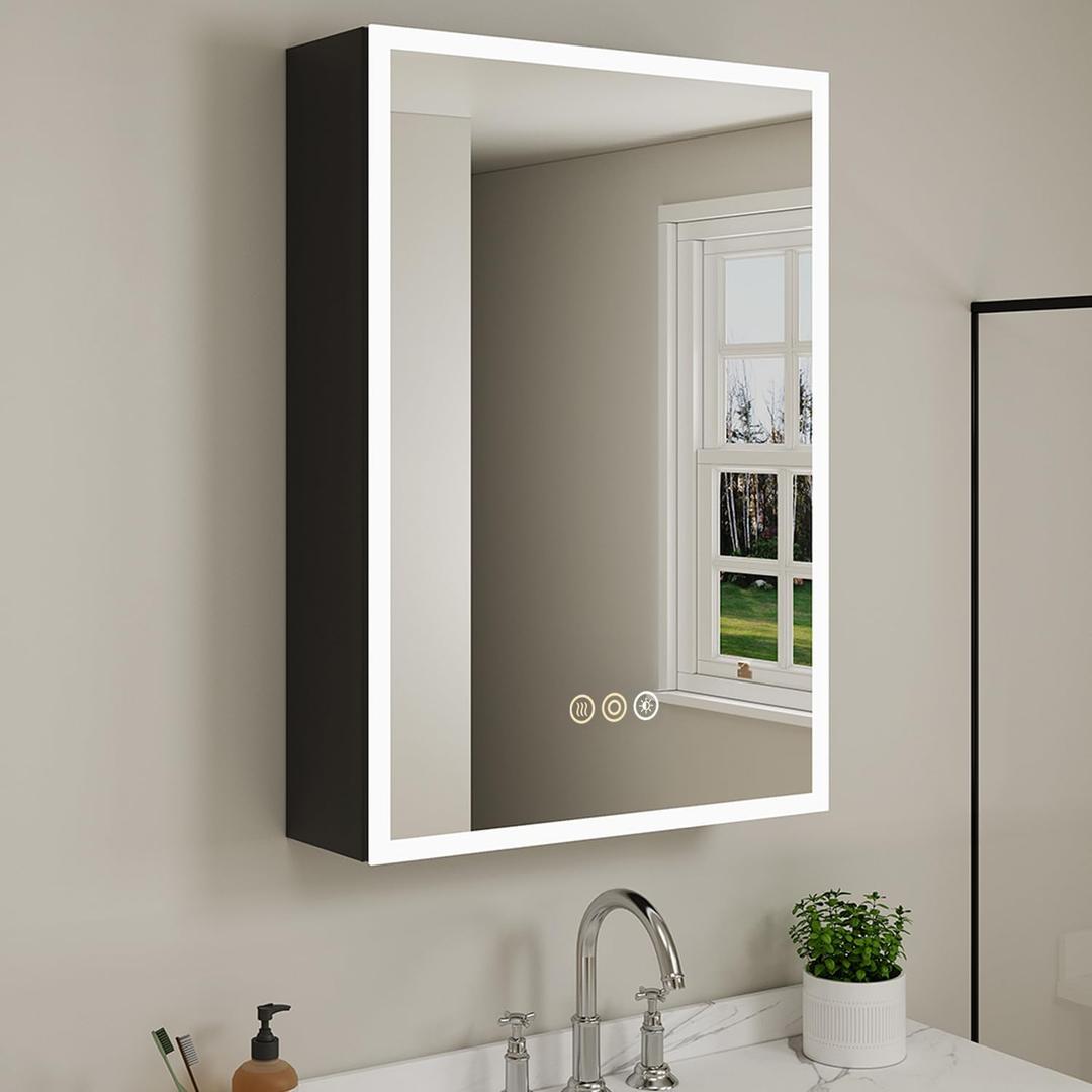 Buruis 24 x 30 Inch Medicine Cabinet with LED Lights and Mirror, Recessed/Wall Mounted Bathroom Cabinet, 3-Color Light, Defogger, Memory Function, Outlet & USB, Dimmer, Black