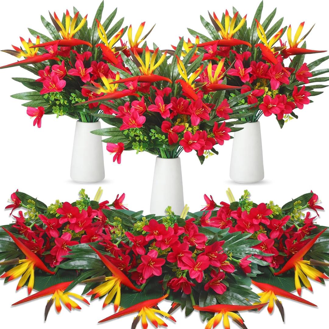 Hotop 4 Set/ 16 Pcs Artificial Tropical Flower Bouquets Bulk for Hawaii Centerpieces Bird of Paradise Lily Bouquet Permanent Flower Tropical Imitation Plant for Party Office Home Decor (Rose Red)
