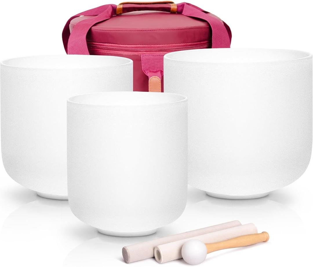 Alioth (6"G+7"C+8"A) Set of 3 Crystal Singing Bowls with Sturdy Carrying Case and Singing Bowl Mallets