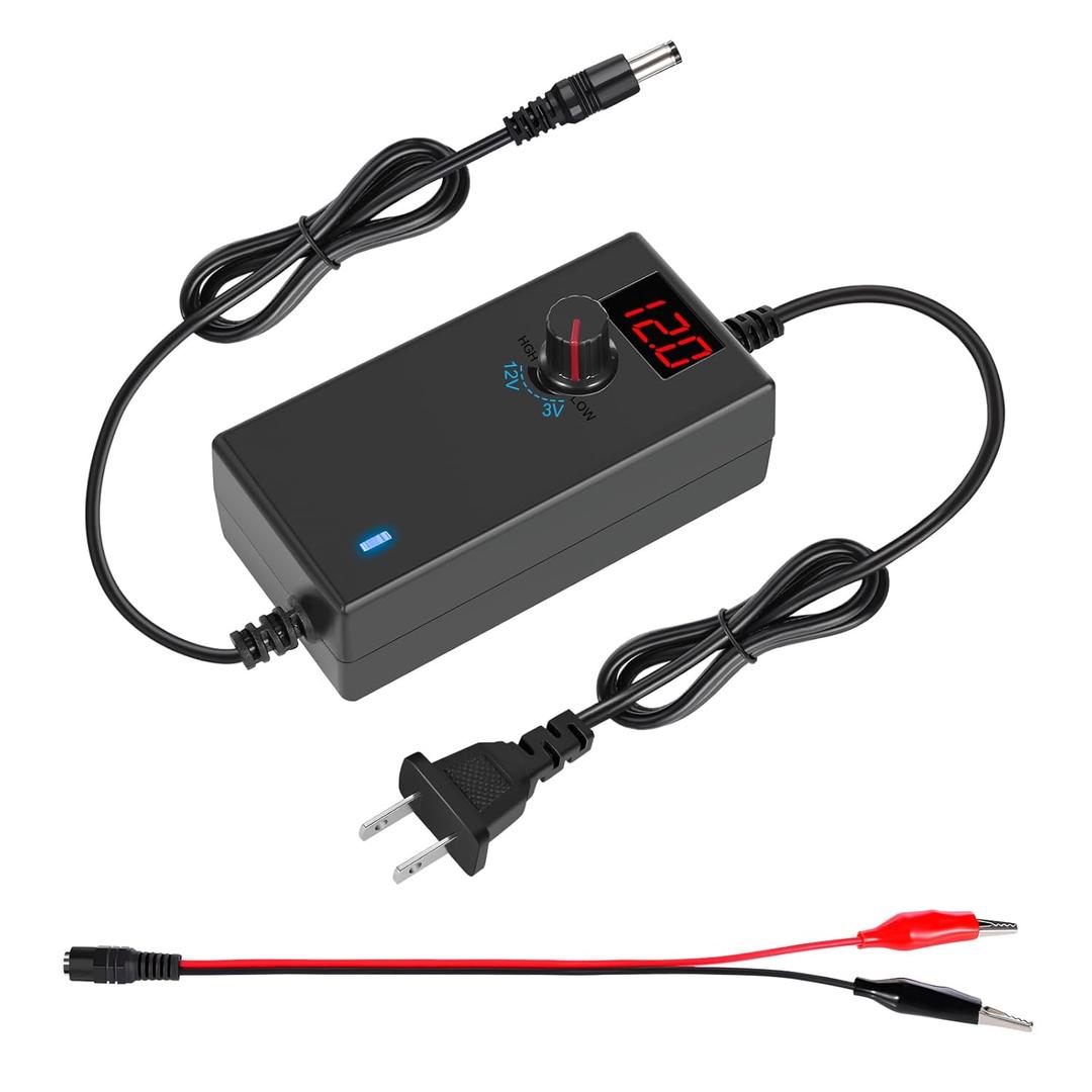 3V-12V 3A 36W Power Supply Adjustable DC 3V 5V 6V 9V 12V Variable Universal AC/DC Adapter with LED Display, 100V-240V AC to 3V-12V DC Converter 3000mA Max with 5.5x2.1/2.5mm Female to Alligator Clip