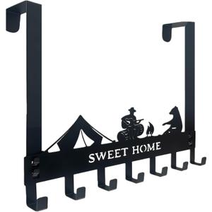 Over The Door Hanger Hooks with 7 Hooks, Black Metal No Drill Over Door Coat Rack for Towels, Coats, Hats, Bags & Robes, Bedroom Bathroom Closet Dorm Entryway Organizer, Fits 1.4–1.7'' Standard Doors