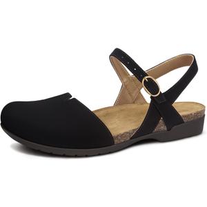 PARTY Closed Toe Sandals Women, Barefoot Arch Support Flat Sandals for Office Work and Travel with Comfortable Cork Footbed (6, Black)
