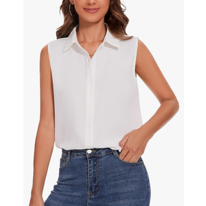 YAMANMAN Womens Sleeveless Button Down Shirt Classic Collared Blouse Basic Tank Tops Work Office Chiffon Tops S, White