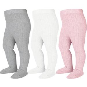 Mini angel Baby Tights Cable Knit Tights Baby Leggings Seamless Cotton Stockings Pantyhose 3/4 Pack for Infants Toddlers 0-5T (Ivory+grey+pink, 3 Pack)
