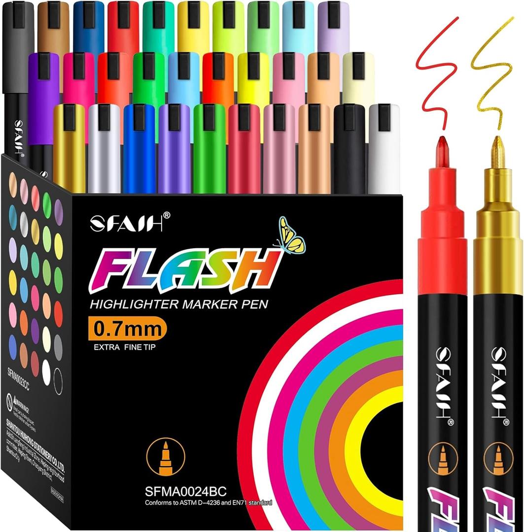 SFAIH Liquid Chalk Markers for Bhalkboard - [Highlighter Marker Pen for LED light board], 0.7-1mm Fine Tip, 30 Colors, Chalk Pens for Chalkboard, Calendar, Windows, Glass