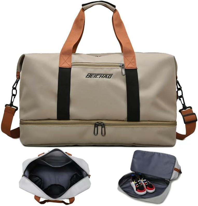 Canvas Weekender Bag for Men & Women Large Travel Duffel with Shoe Compartment Vintage Khaki Overnight Carry-On Luggage Tote with Leather Trim (Khaki)
