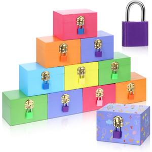 12 Set 24 Pcs Unfinished Wood Box with Mini Padlock Locks, Small Treasure Chest with Hinged Lid 4.7x3.2x3.2'' Lockable Wooden Treasure Box for DIY Craft Jewelry Desktop Storage (Colorful)