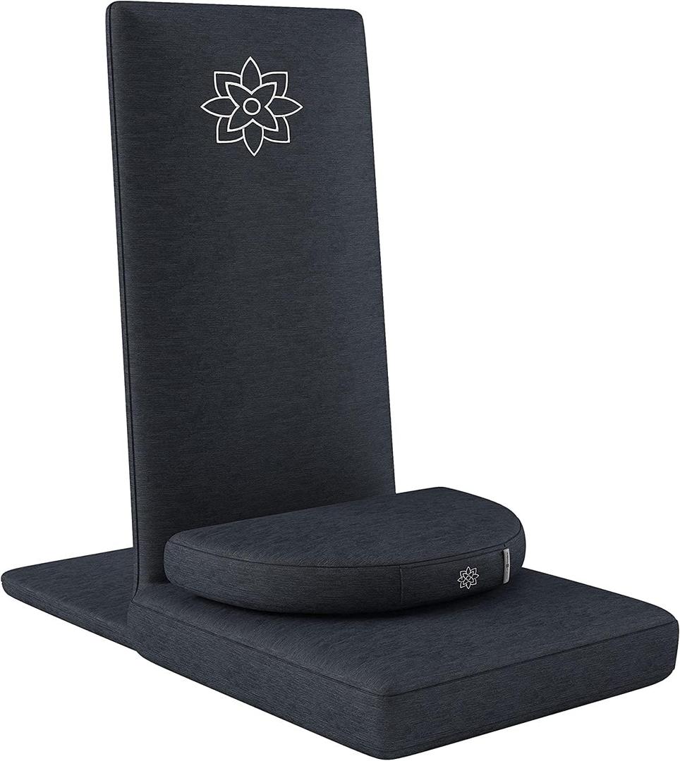 Mindful Modern Folding Pro Meditation Chair - Adjustable Meditation Seat with Back Support and Half Moon Buckwheat Meditation Cushion - Comfortable Mindfulness Living Room Floor Chair (Charcoal Black)