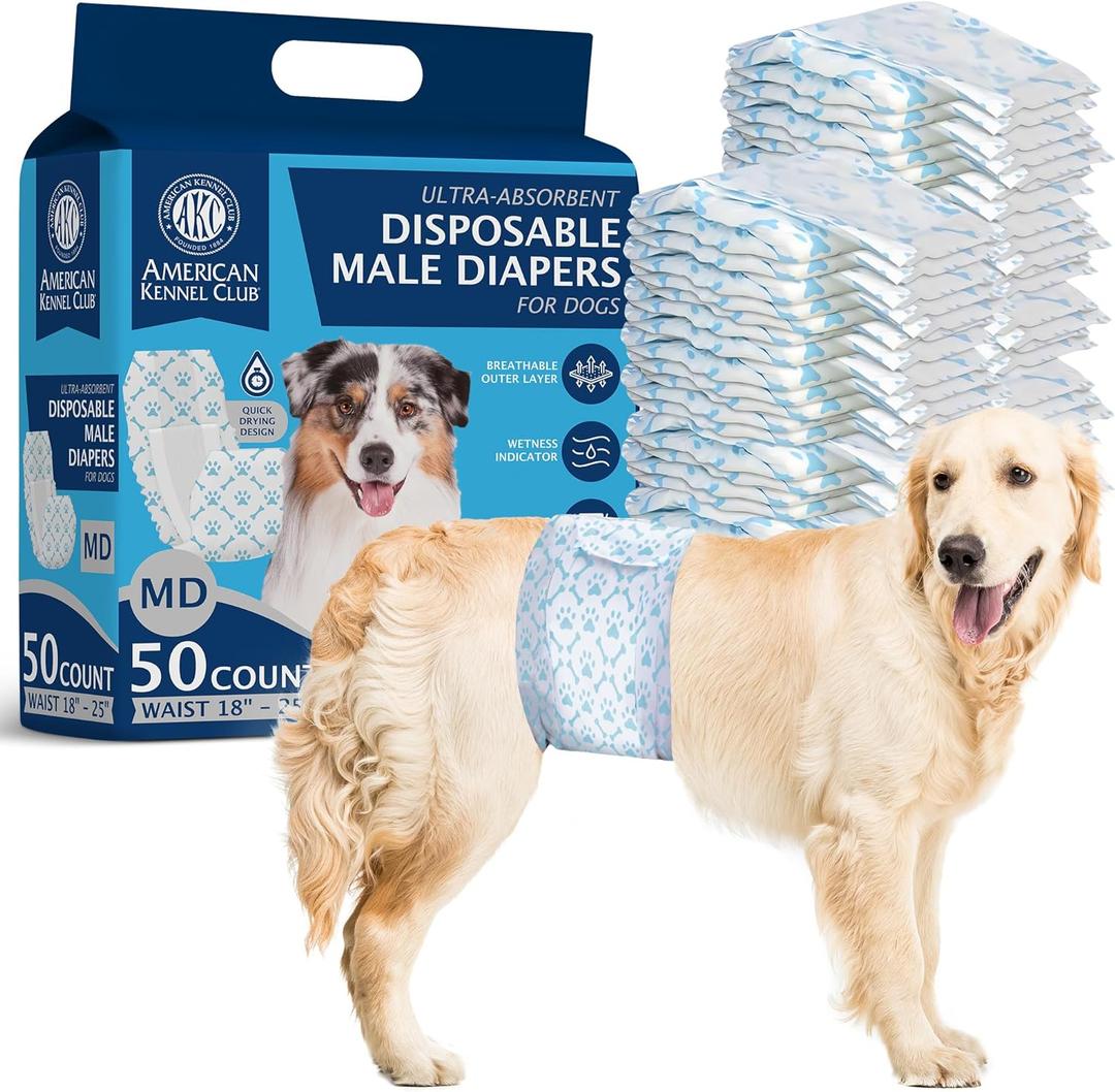 American Kennel Club Male Dog Wrap, Disposable Diapers with Wetness Indicator, Medium, 50 Count (MD Waist Size 18 - 25 in)