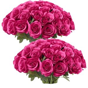JUSMAI 50pcs Hot Pink Roses Artificial Flowers Real Touch Fake Flowers with Long Stems Silk Flowers for Wedding Bouquet Centerpices Decorations Party Bridal Baby Shower Home Decor