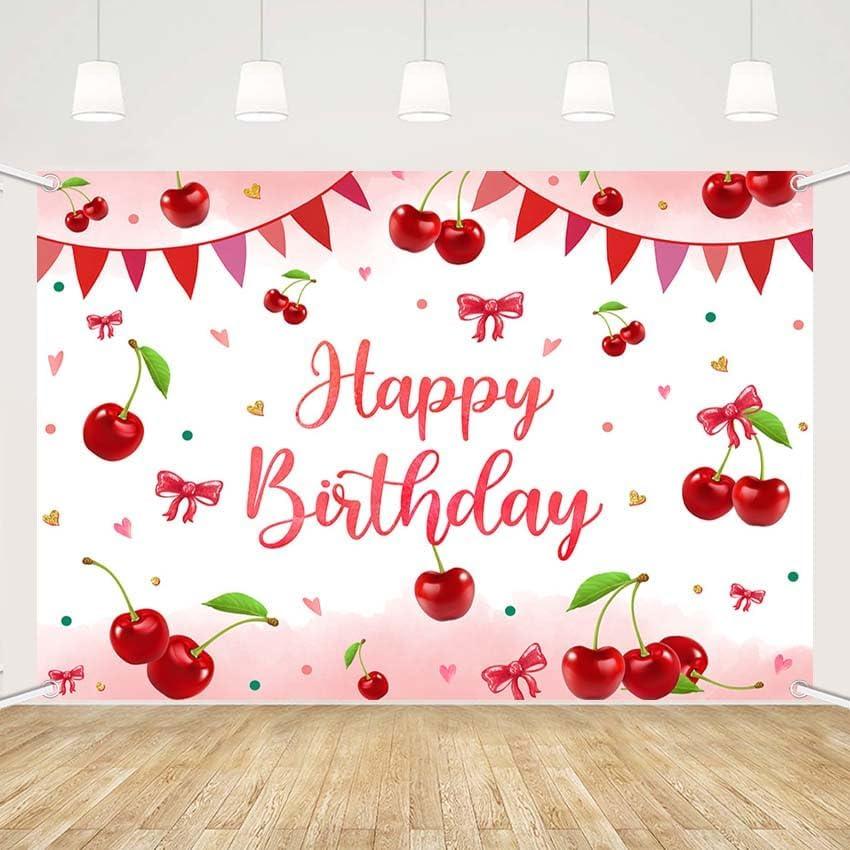 MEHOFON Cherry Birthday Backdrop, Coquette Bow Background with Bow Girl Decorations Red Sweet Cherries Decor for Girls Party Supplies Photo Booth Props 7x5ft