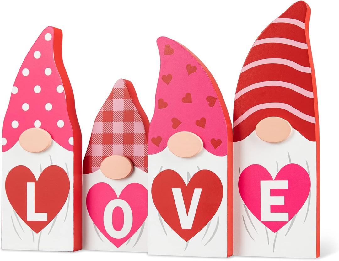 Valentine Gnomes Decorations for Home 9"H Valentines Day Love Gnome Blocks Decor Famhouse Romantic Valentine's Day Gnome Wooden Signs Tabletop Decor for Wedding Anniversary Party Supplies