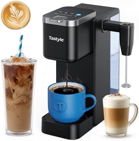 Tastyle Single Serve Coffee Maker with Rechargeable & Detachable Milk Frother, Iced and Hot Coffee Machine for K Cup & Grounds, 40oz Removable Water Reservoir, 6 Cup Sizes, Fits 7.3" Travel Mug, Black