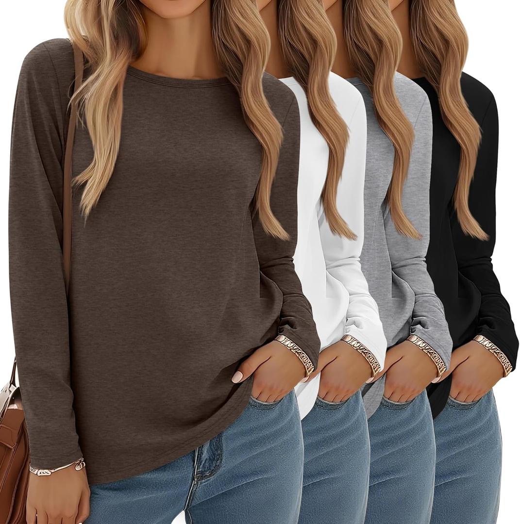 4 Pack Women' Long Sleeve Shirts Tops Casual Loose Fit Crew Neck Basic Tee Fashionable Workout Layer Fall Outfit (Large, Black, White, Gray, Brown)