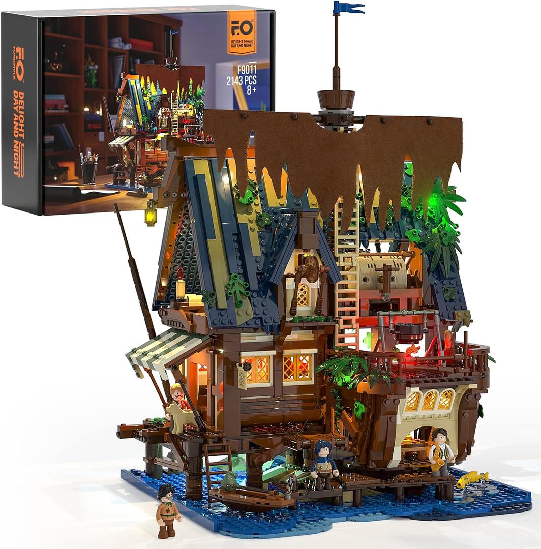 Funwhole Medieval-Pier-Inn Lighting Building Bricks Set - Retro Pirate House LED Light Construction Building Model Set 2143 Pcs for Adults and Teen