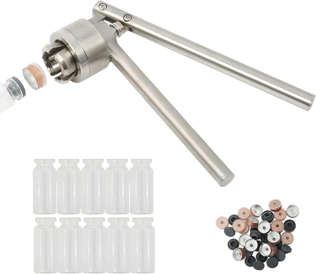 HighFree 13mm Vial Crimper, Manual Sealer Hand Sealing Machine with 10 Set of 3ml Vials + Stopper + Caps, Handheld Vial Crimper for Crimping 13mm Diameter Plastic-Aluminum Flip Caps