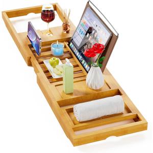 Yirilan Premium Bamboo Bathtub Tray Caddy - Expandable Bath Tray - Fits Most Bathtubs