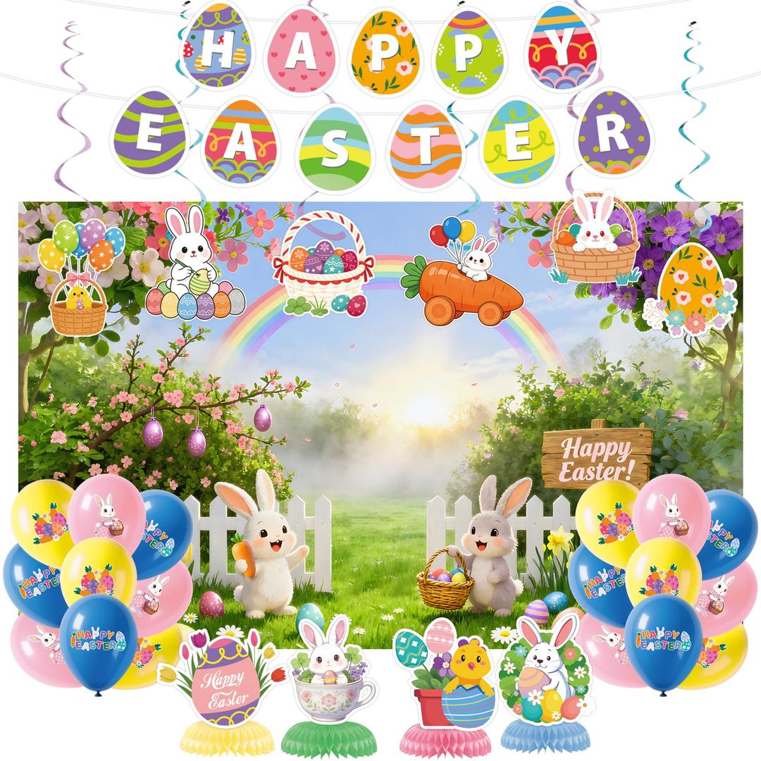 Easter Party Decorations for Home Decor - 47Pcs Danner Kit, 71x43 Inch Happy Easter Banners with Bunny Backdrop for Photography Birth Party Favors for Class Office Ceiling Decor Yard Garden Outdoor