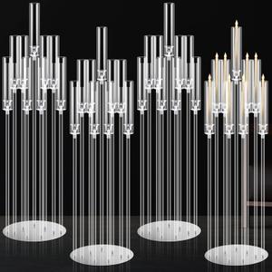Tessco 4 Pcs 9 Arm 42.5" Acrylic Candelabra Table Centerpiece Floor Candelabras Clear Candle Holder with Removable Lampshade Wedding Candelabra Centerpiece Fit 0.8 LED