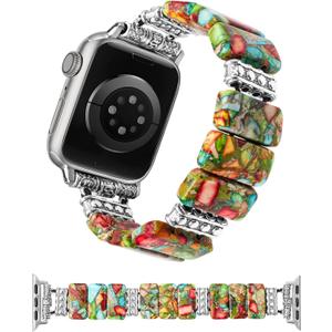 Moolia Natural Stone Bracelet Compatible with Apple Watch Band 38/40/41/42mm(Series 11/10) S: 5.4-5.6 Women, Handmade Elastic Beaded Western Strap for iWatch Series 11 10 9 8 7 6 5 4 3 2 1 SE1/2/3 Ultra1/2/3 (Colorful)