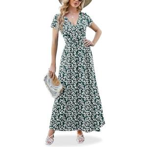 ANRILITA Maxi Dress for Women Wrap V Neck Short Sleeve Empire Pleated Waist Summer Casual Elegant Long Dresses with Pockets, M