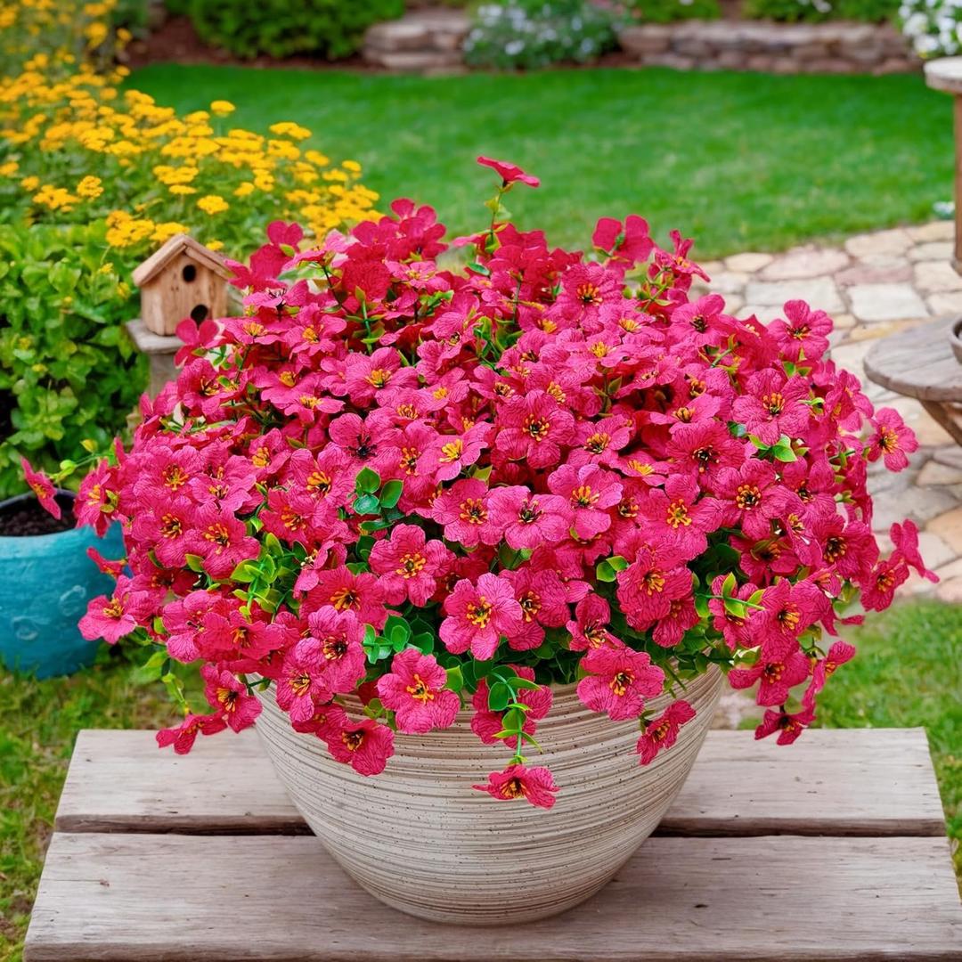 20 Bundles Artificial Flowers for Outdoors  UV Resistant Artificial Plants Outdoor, Faux Silk Eucalyptus and Colorful Daisy Greenery for Porch/Garden, Realistic Home Decor (Rose Red)