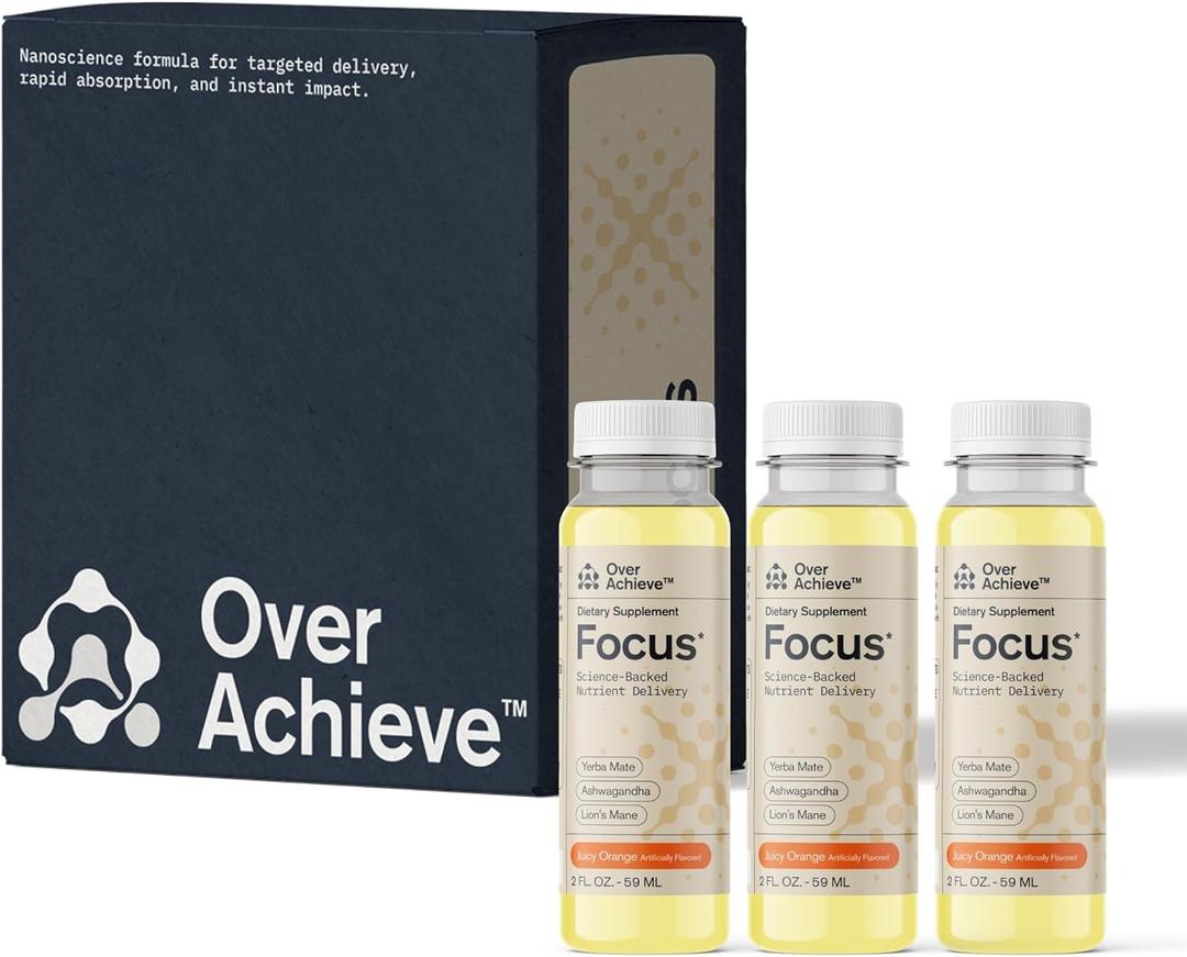 3 x Focus Drink for Concentration- Contains Yerba Mate, Ashwagandha and Lions Mane Mushroom with Advanced Nanoscience Technology - 3 Pack Brain Focus Drink, Orange Flavor, 2oz