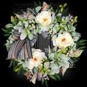 Lambs Ear Wreaths for Front Door Year Round Outside, 20'' Artificial Spring Summer Wreath with Peony Buffalo Bow Green Handmade Farmhouse Home Decor